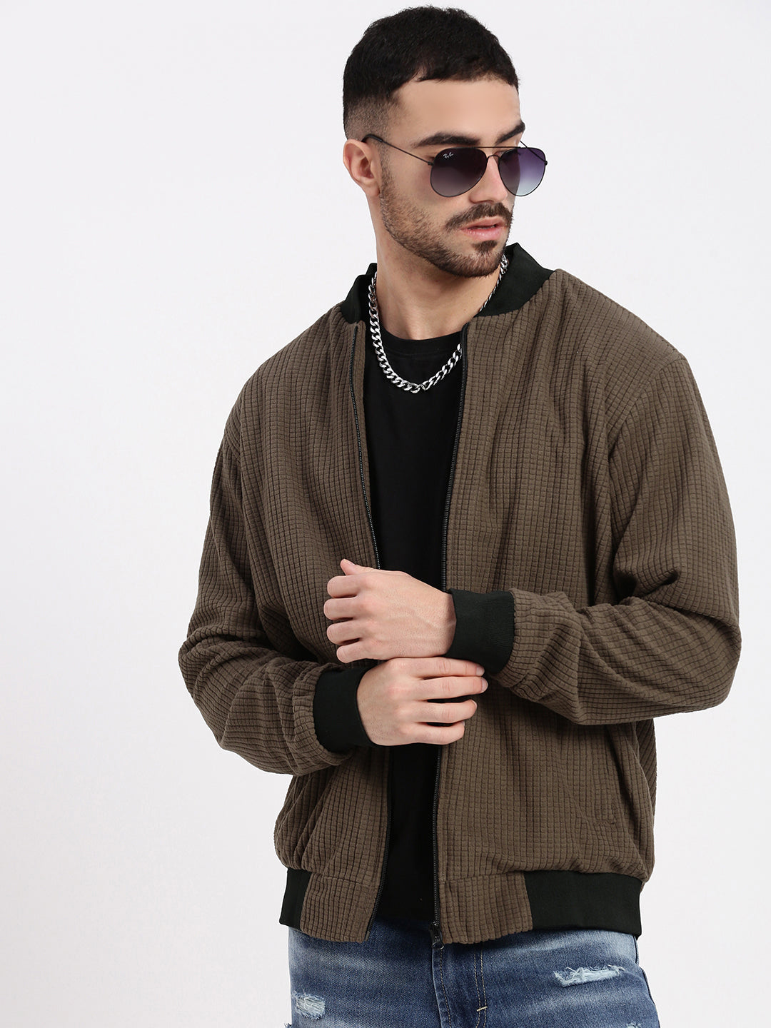 Men Brown Solid Bomber Jacket