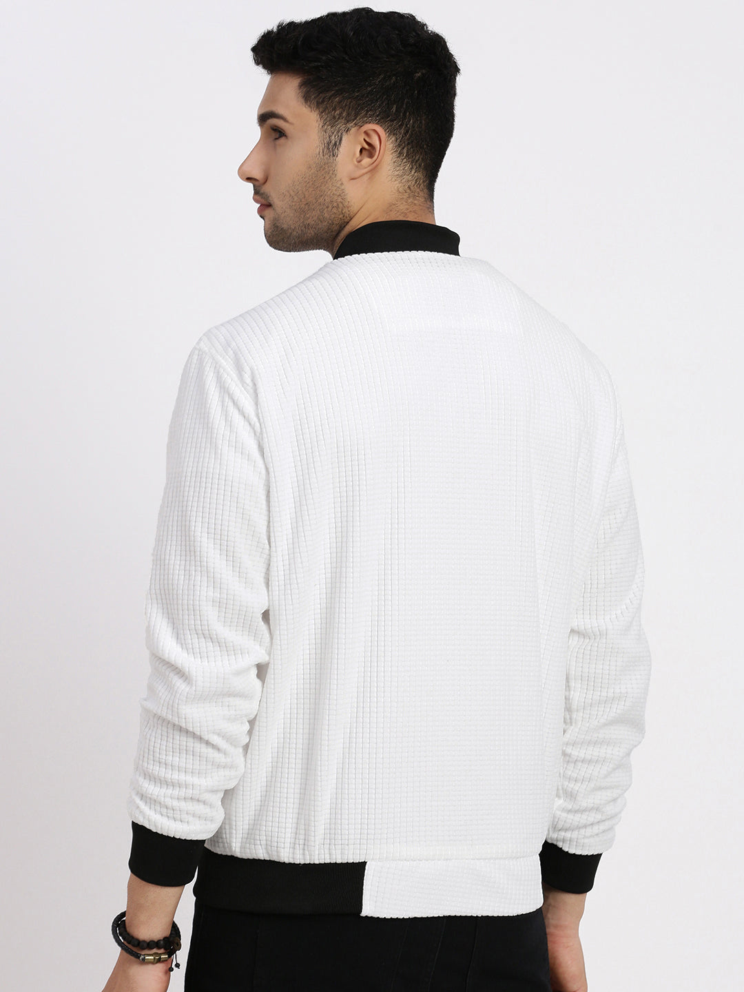 Men White Solid Bomber Jacket