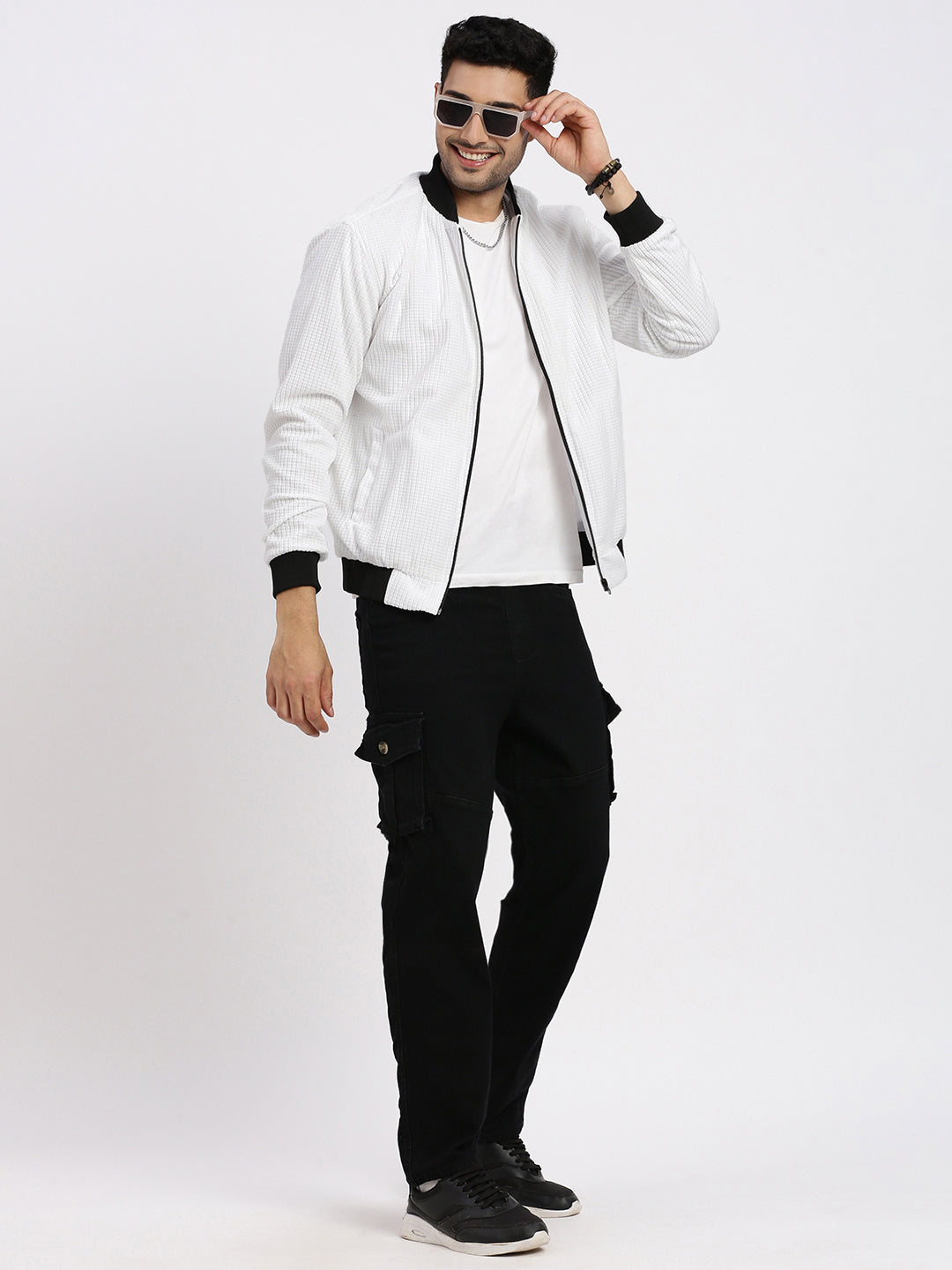 Men White Solid Bomber Jacket