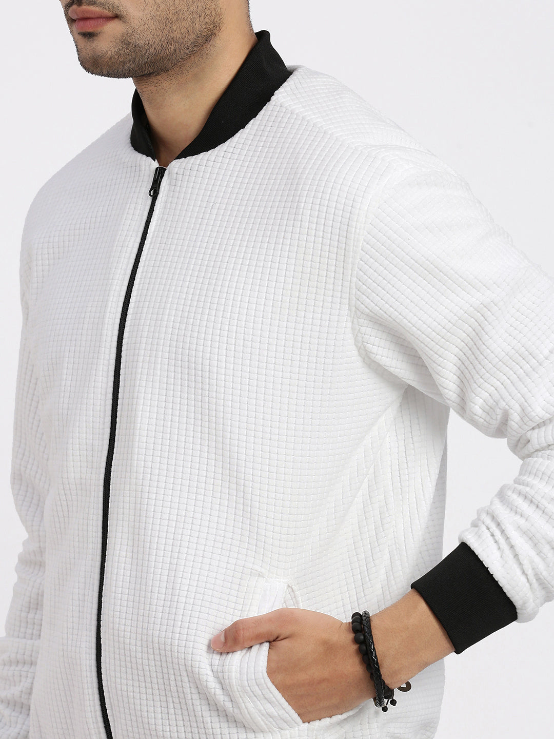 Men White Solid Bomber Jacket