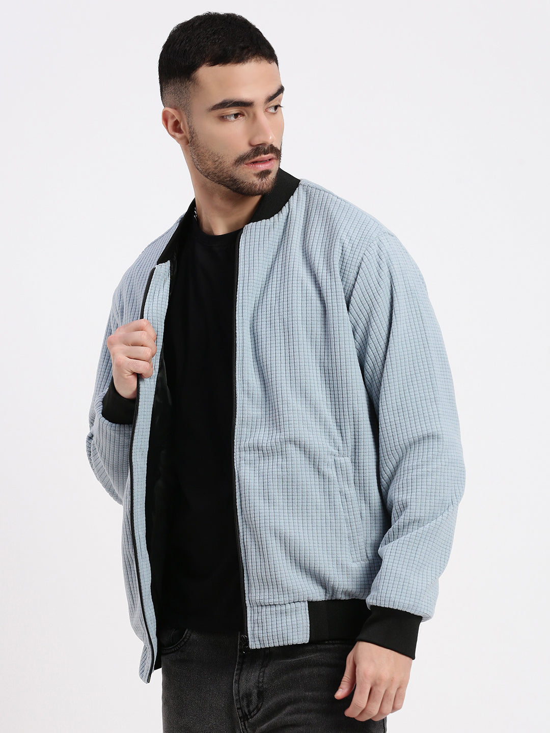 Men Blue Solid Bomber Jacket