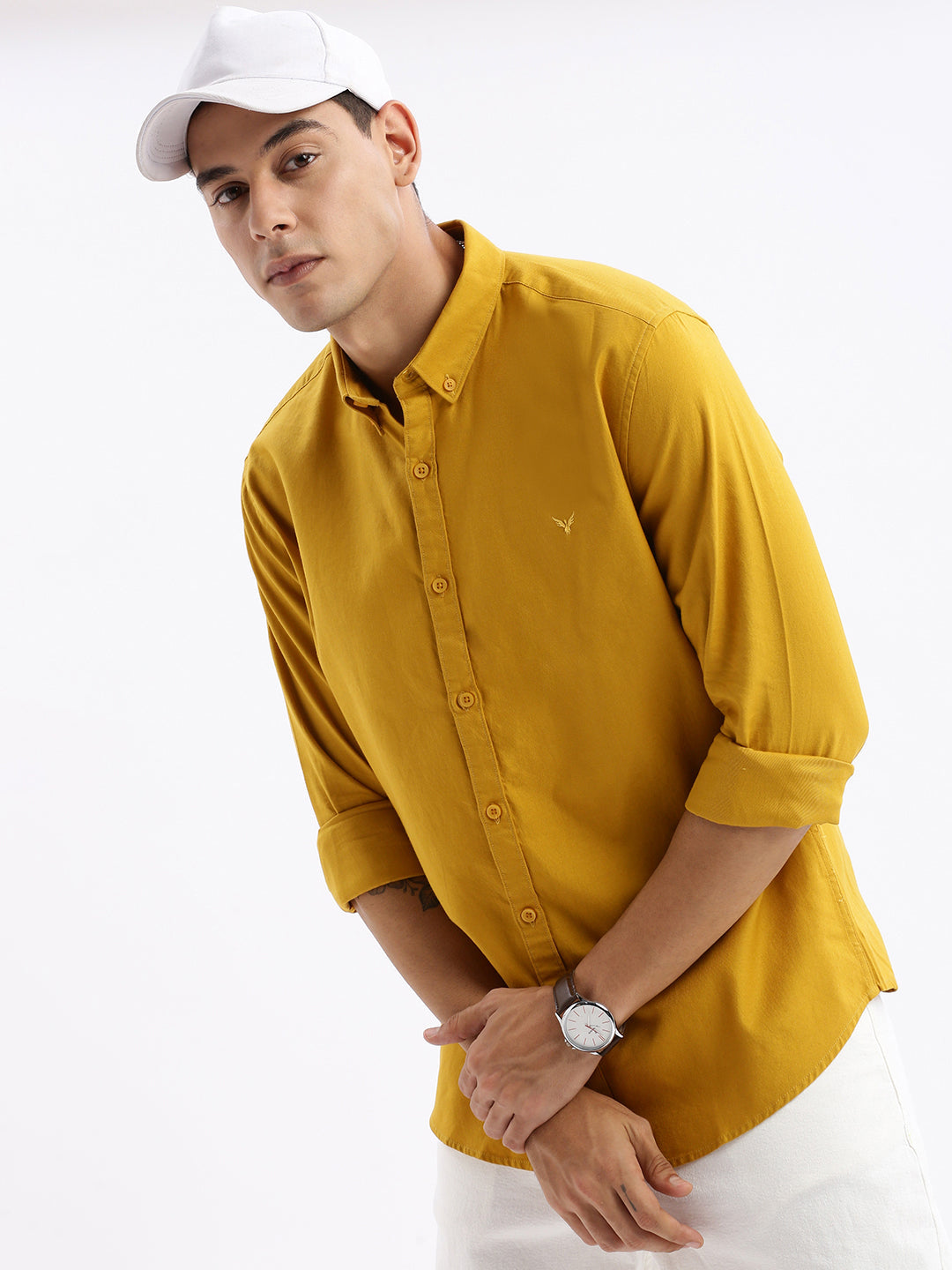 Men Spread Collar Solid Slim Fit Mustard Shirt
