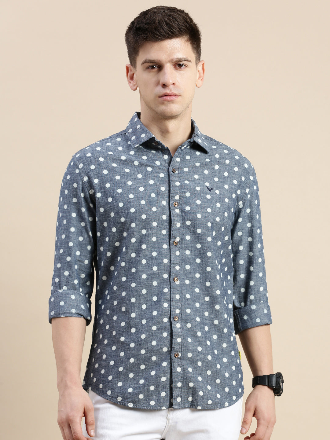 Men Spread Collar Printed Blue Shirt