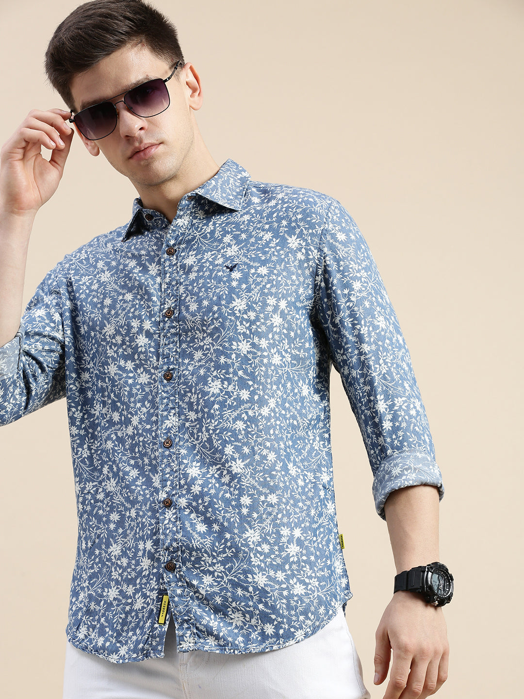 Men Spread Collar Printed Blue Shirt