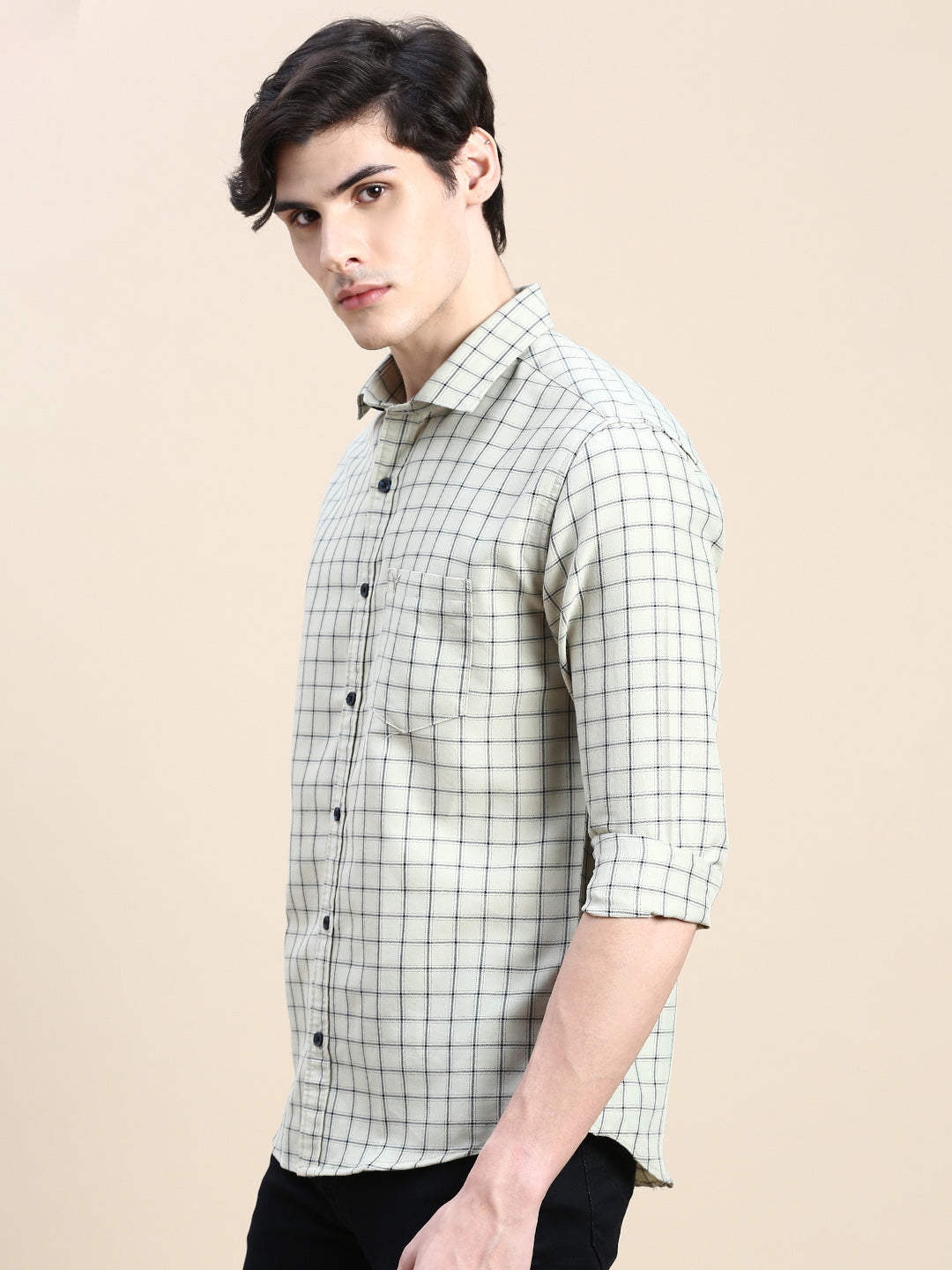 Men Spread Collar Checked Beige Shirt