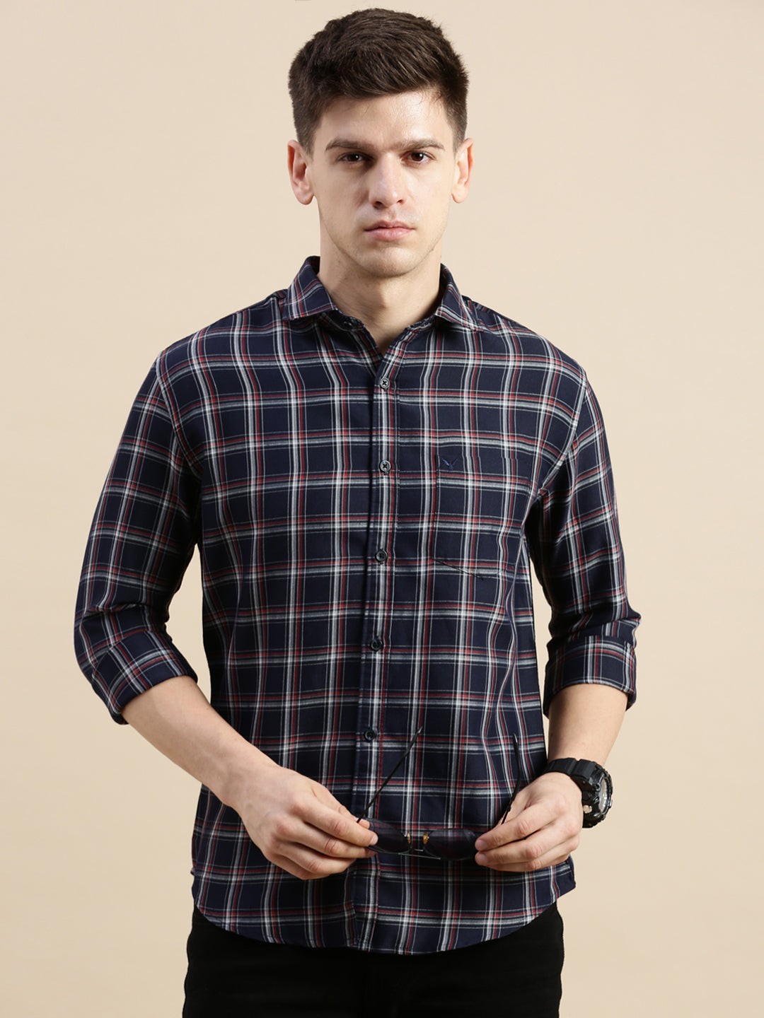 Men Spread Collar Checked Navy Blue Shirt