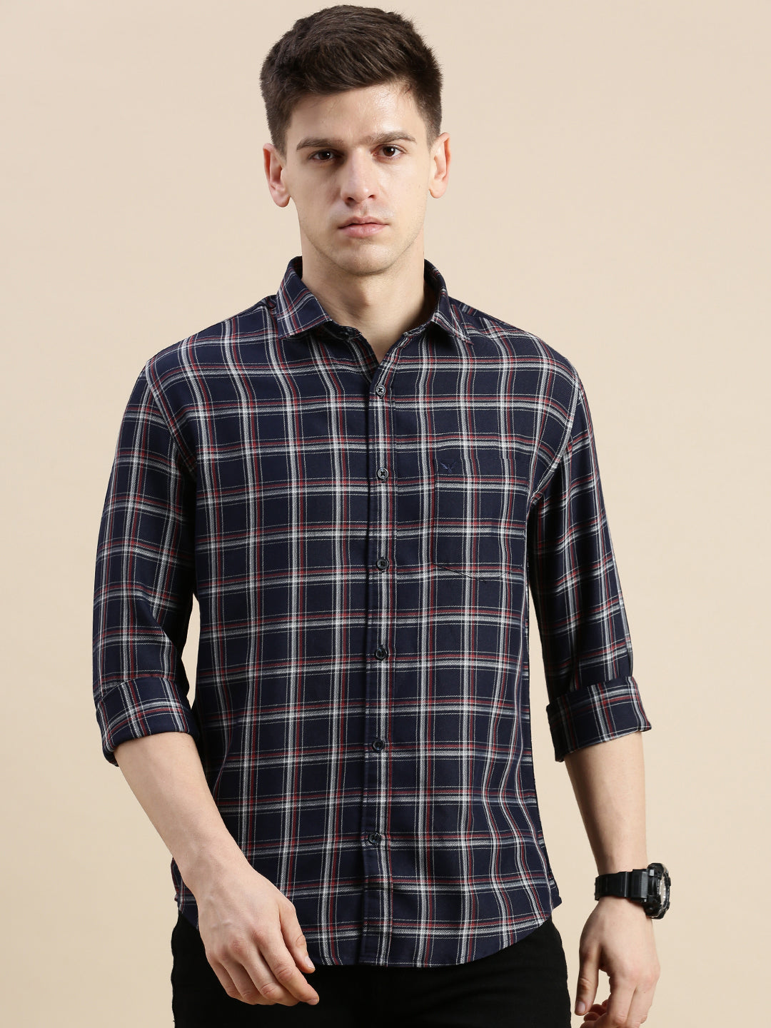 Men Spread Collar Checked Navy Blue Shirt