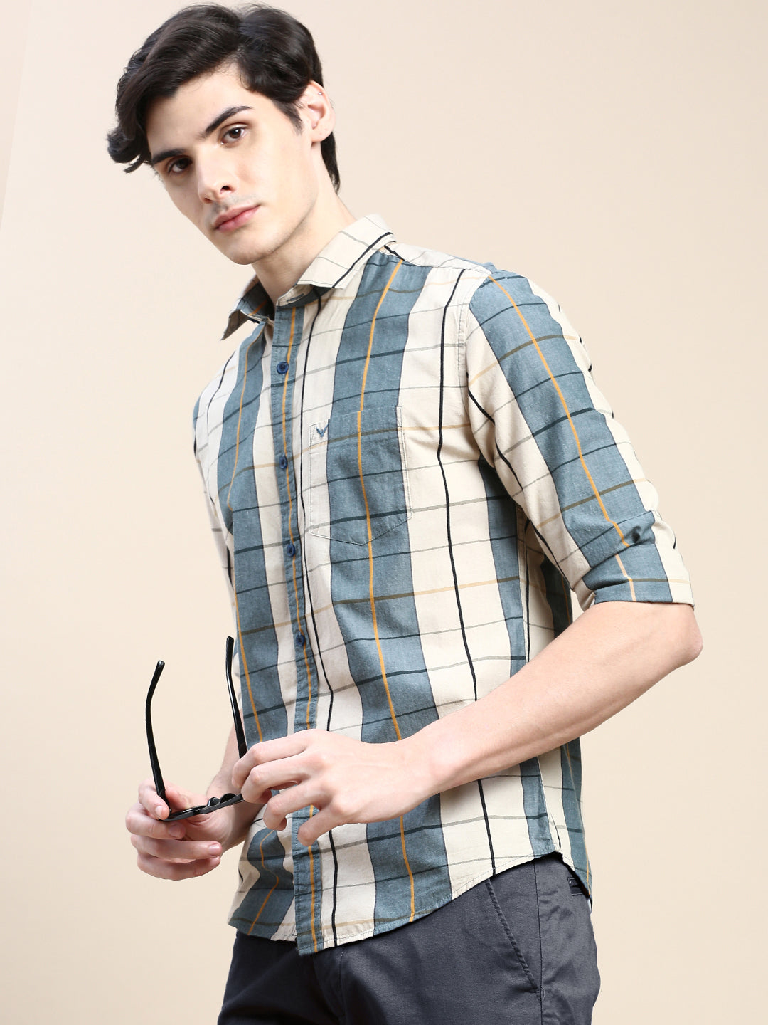 Men Spread Collar Checked Teal Shirt