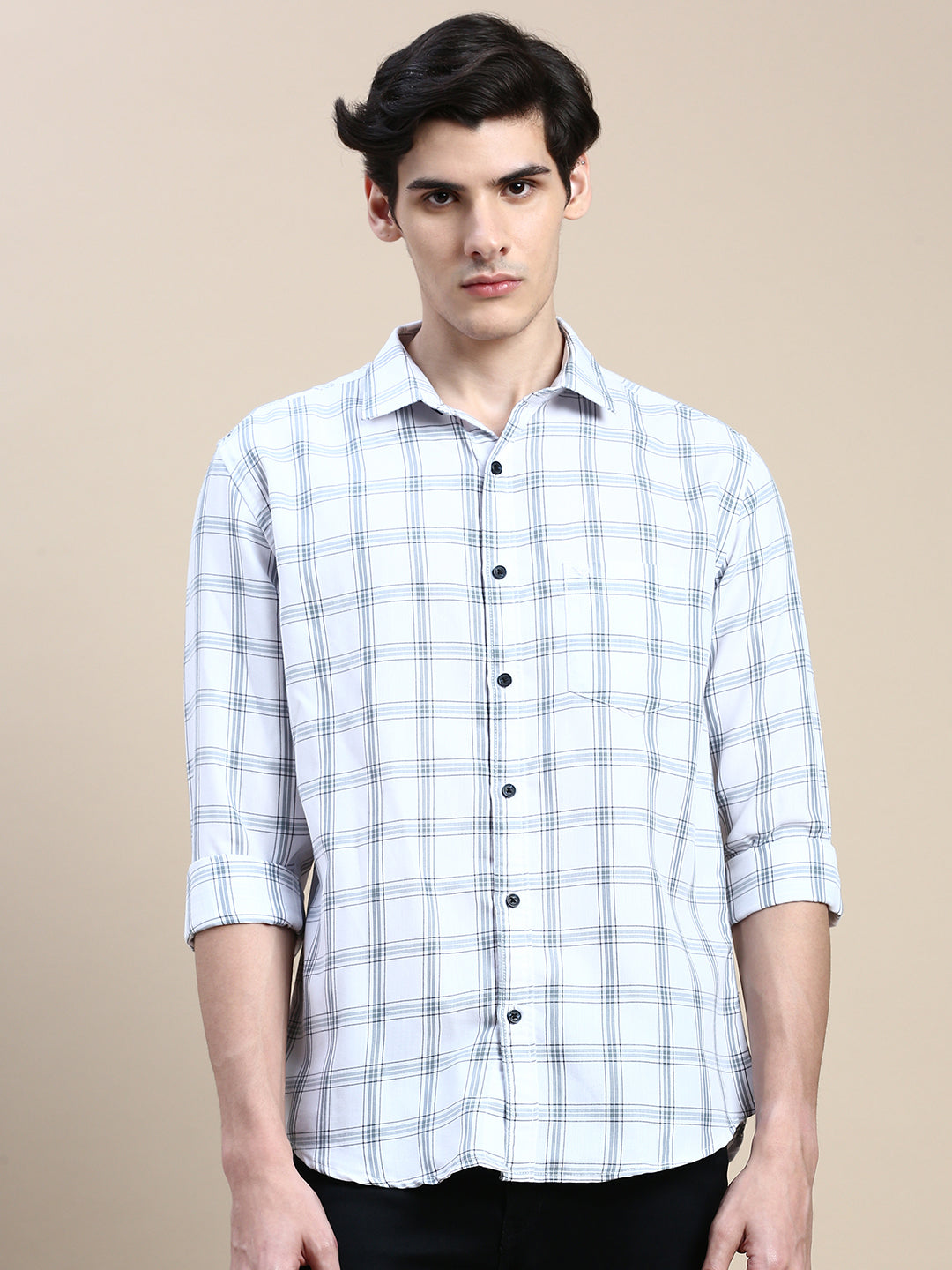 Men Spread Collar Checked White Shirt