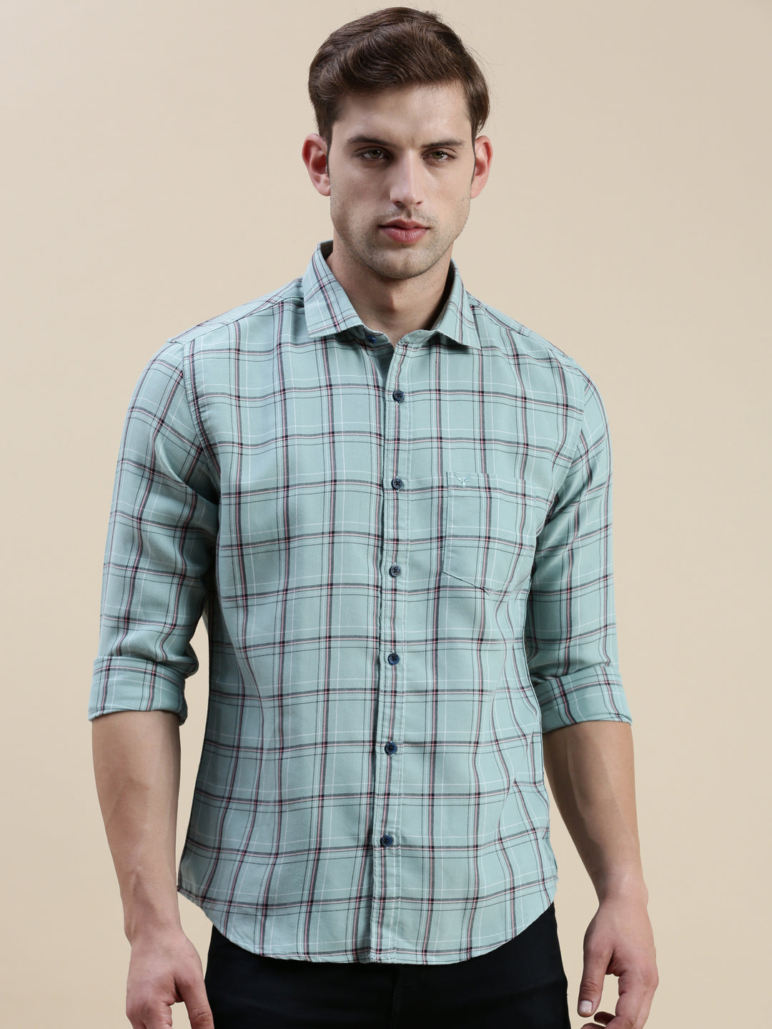 Men Spread Collar Checked Sea Green Shirt