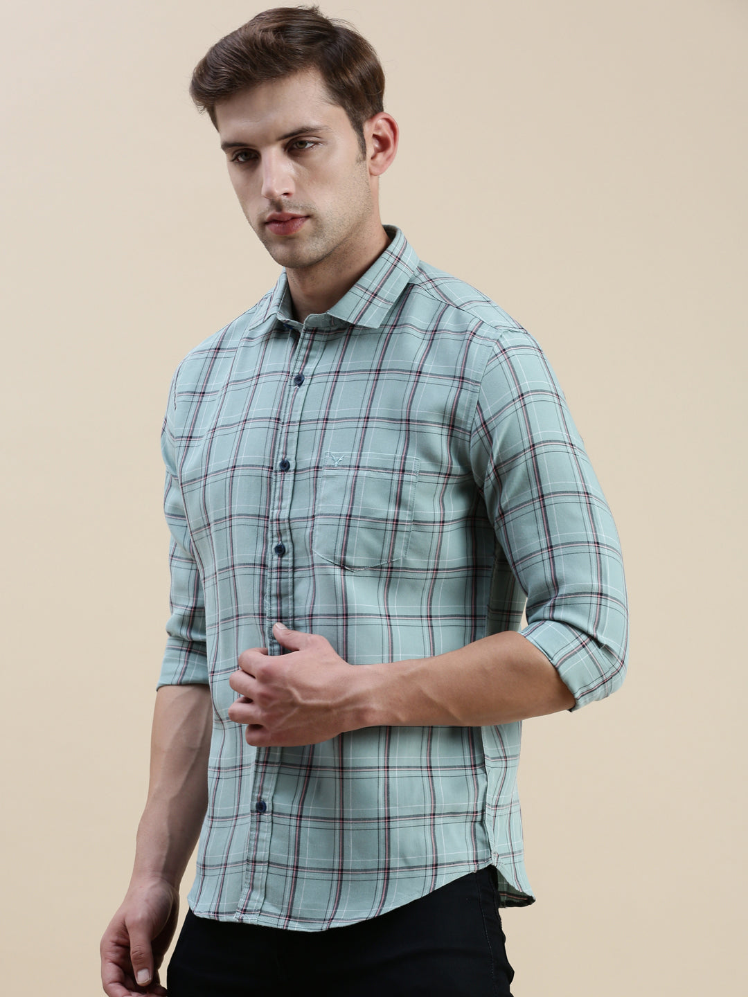 Men Spread Collar Checked Sea Green Shirt