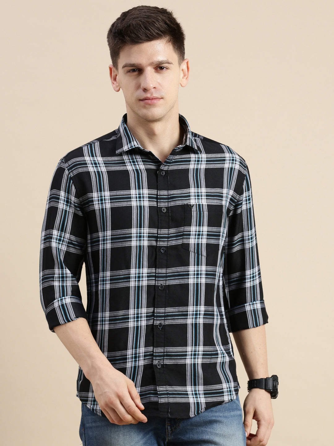 Men Spread Collar Checked Black Shirt