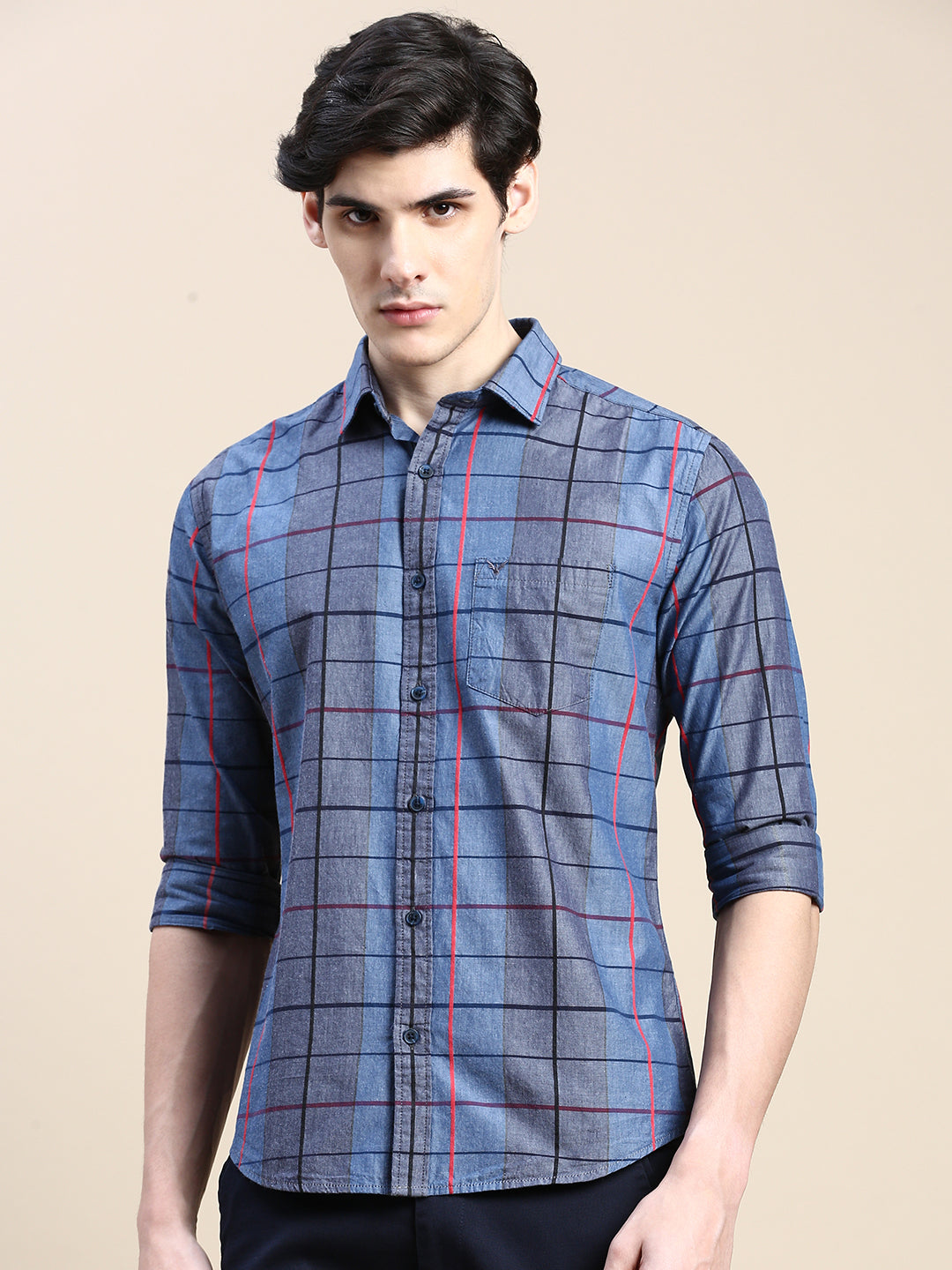 Men Spread Collar Checked Grey Shirt