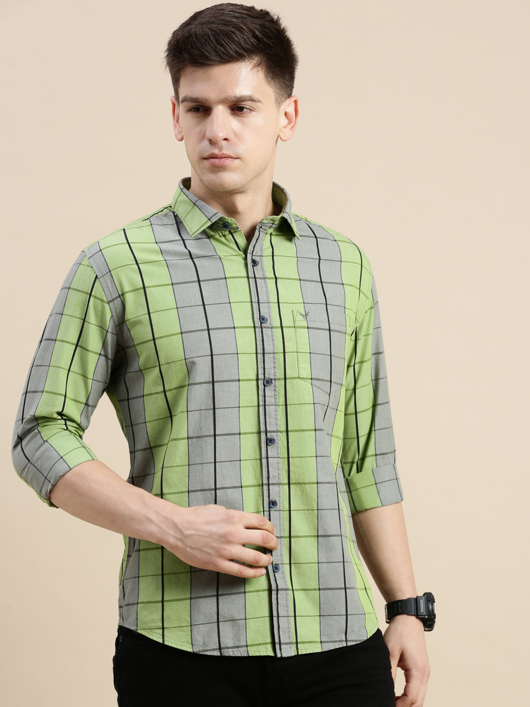 Men Spread Collar Checked Green Shirt