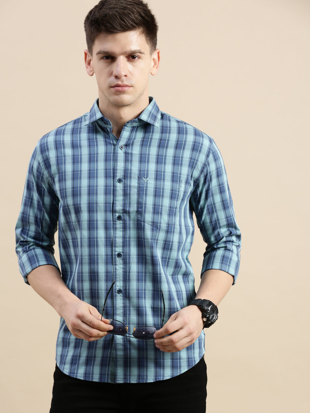 Men Spread Collar Checked Blue Shirt