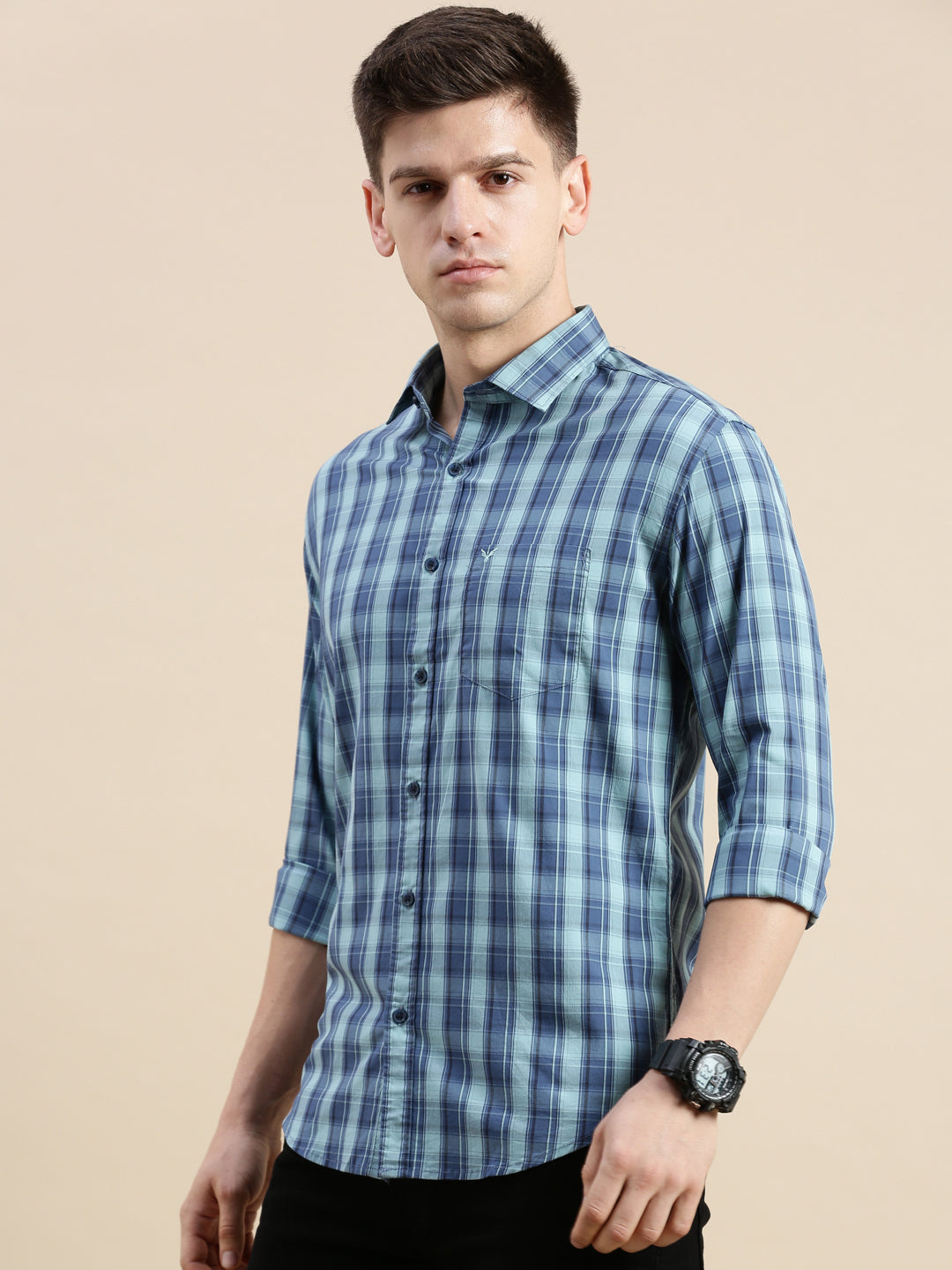 Men Spread Collar Checked Blue Shirt