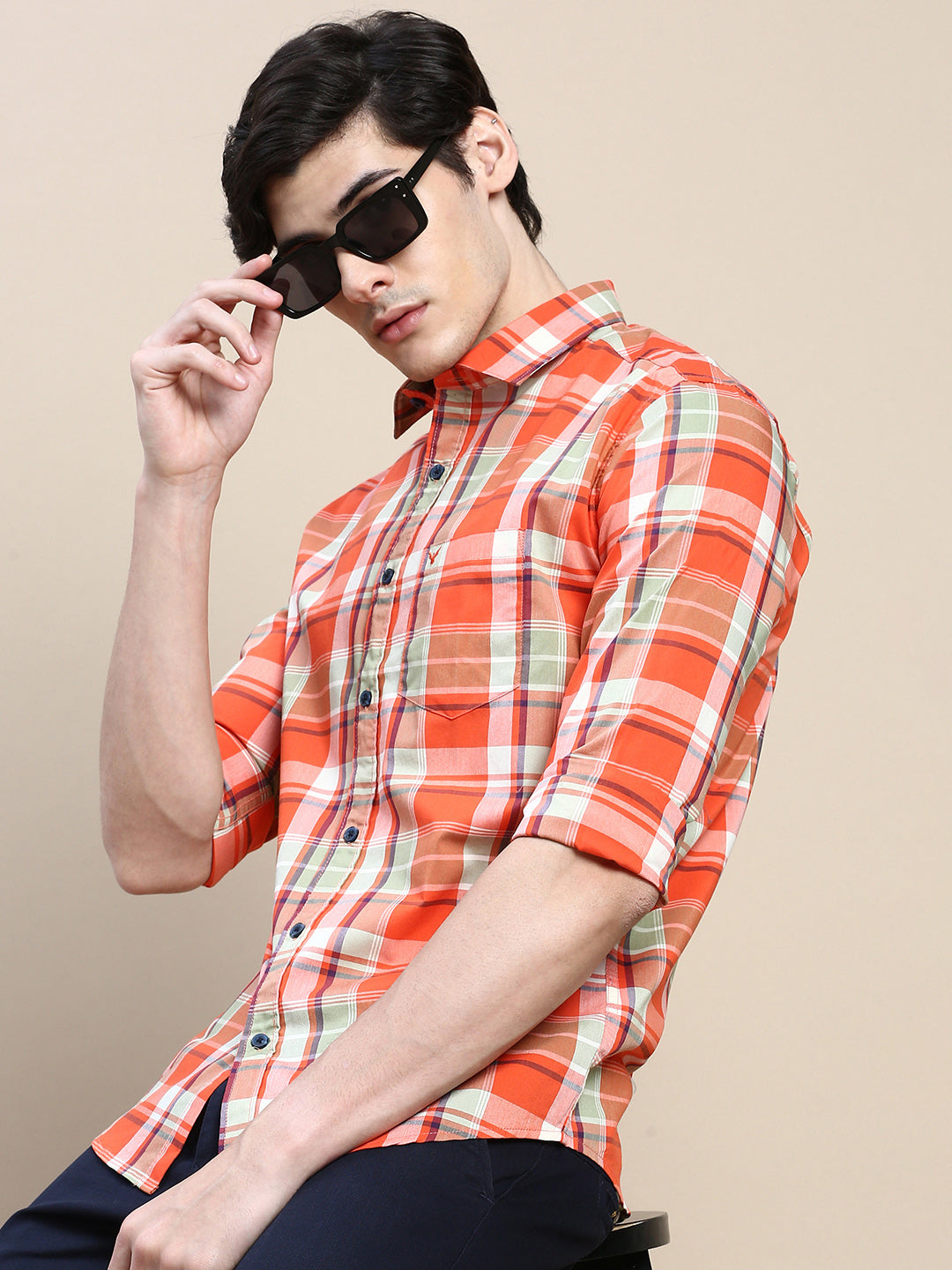 Men Spread Collar Checked Orange Shirt