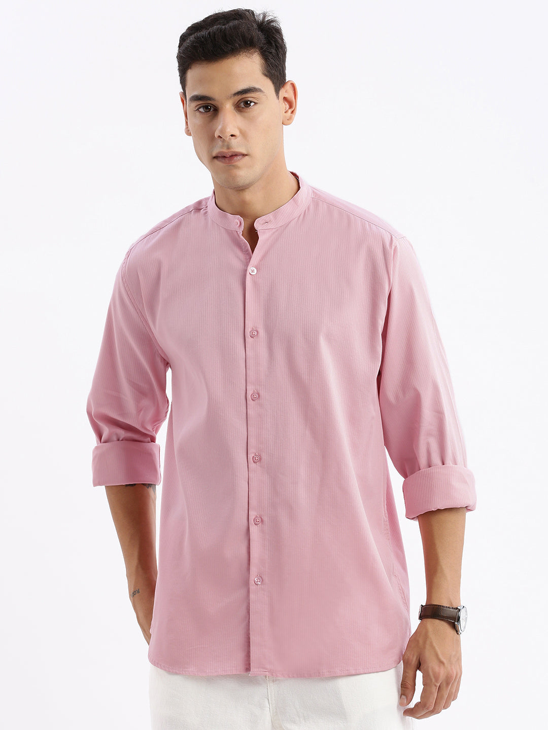 Men Mandarin Collar Solid Slim Fit Pink Shirt