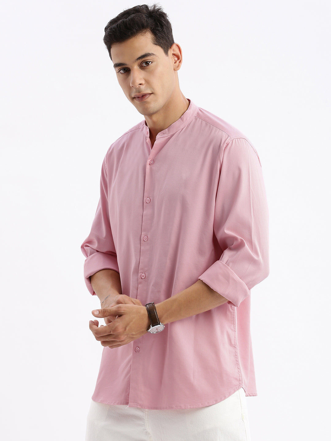 Men Mandarin Collar Solid Slim Fit Pink Shirt