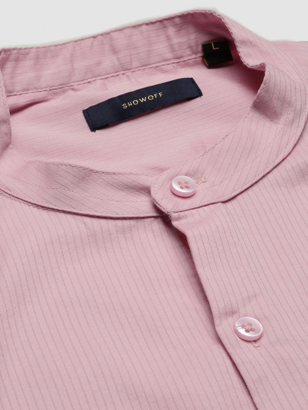 Men Mandarin Collar Solid Slim Fit Pink Shirt