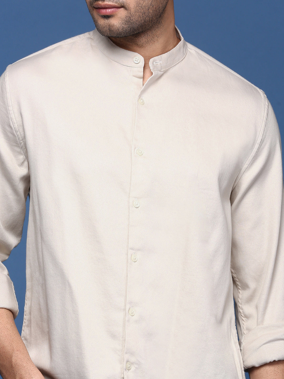 Men Mandarin Collar Solid Beige Slim Fit Shirt