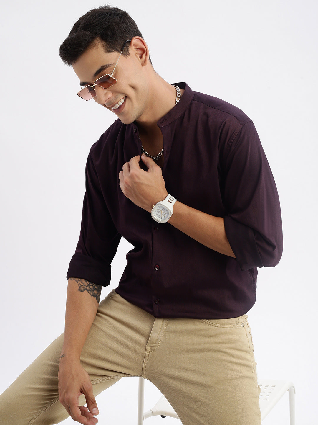 Men Mandarin Collar Solid Slim Fit Purple Shirt