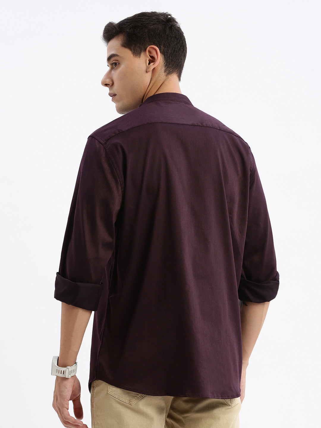 Men Mandarin Collar Solid Slim Fit Purple Shirt