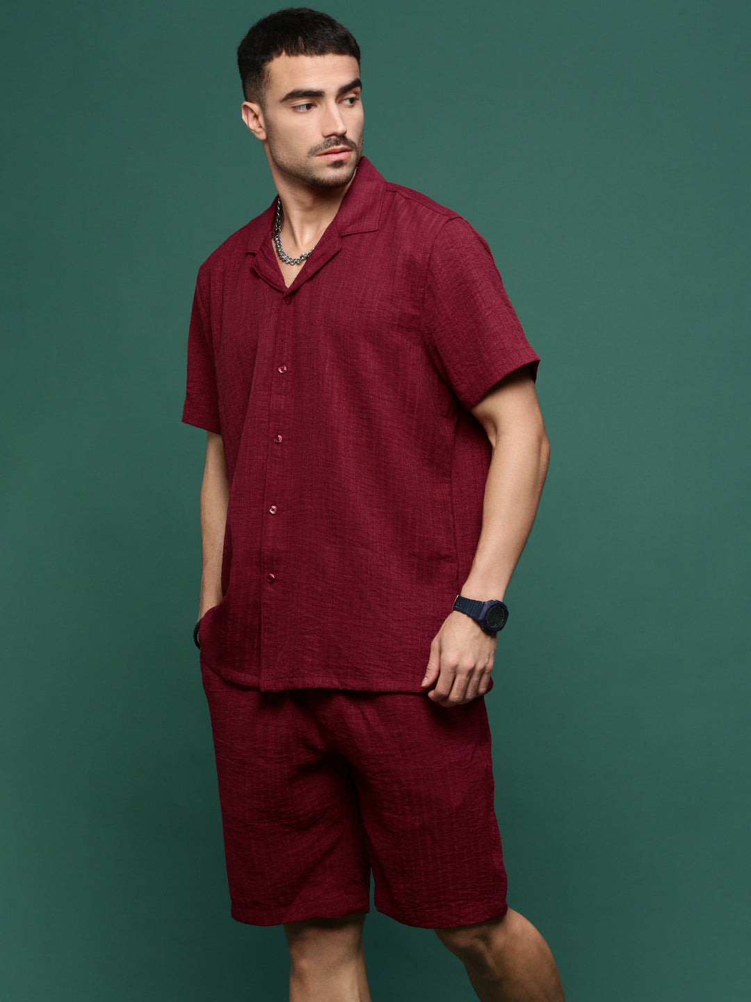 Men Maroon Cuban Collar Solid Co Ords Set