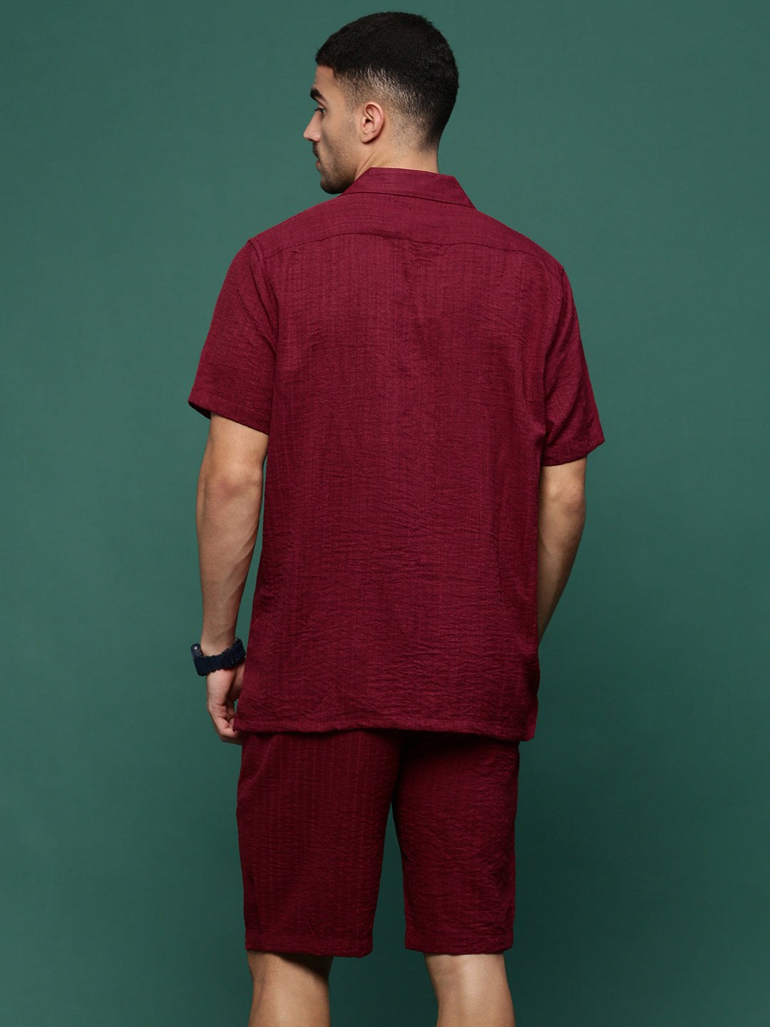 Men Maroon Cuban Collar Solid Co Ords Set