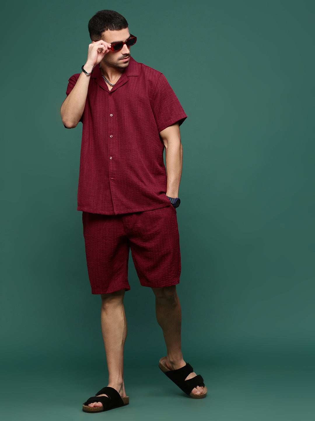 Men Maroon Cuban Collar Solid Co Ords Set