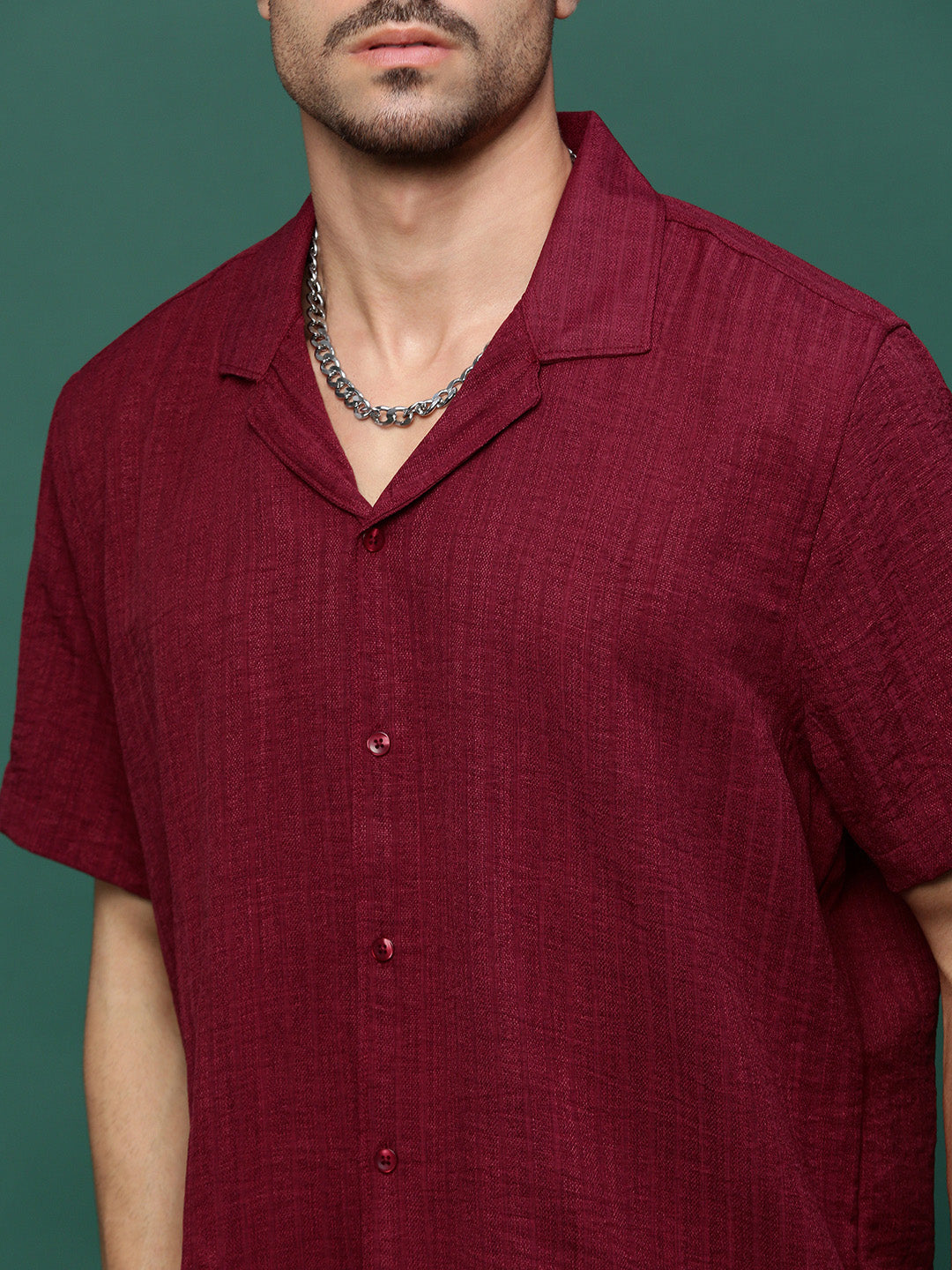 Men Maroon Cuban Collar Solid Co Ords Set