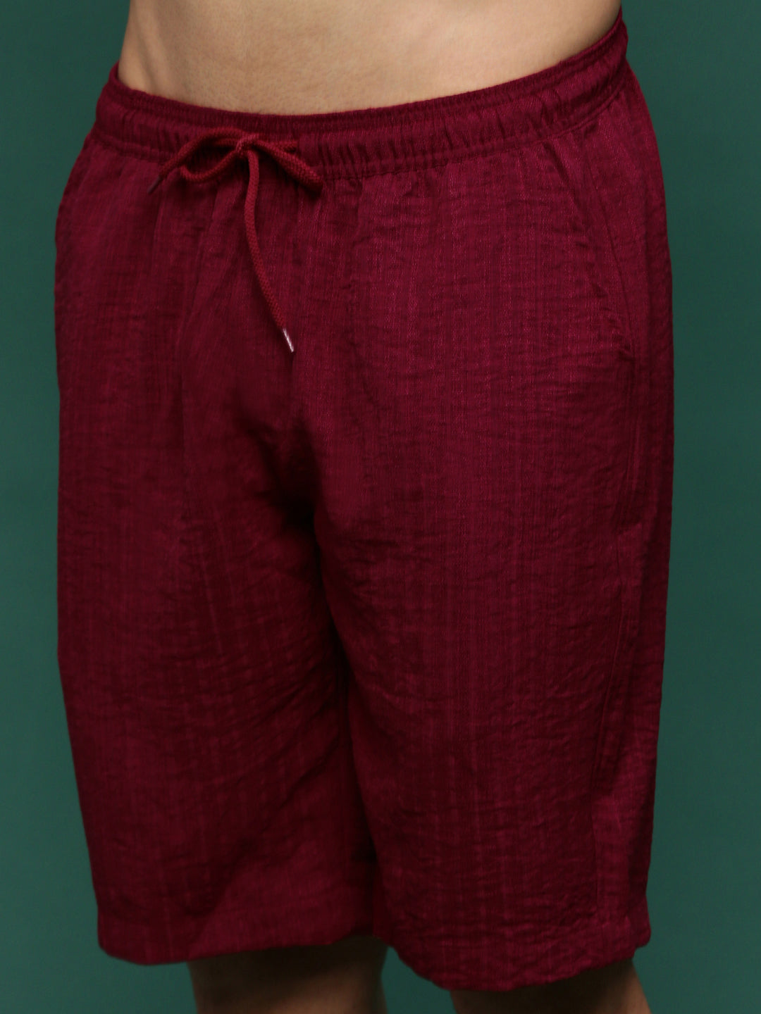 Men Maroon Cuban Collar Solid Co Ords Set