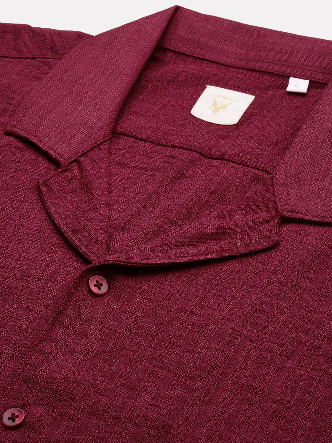 Men Maroon Cuban Collar Solid Co Ords Set