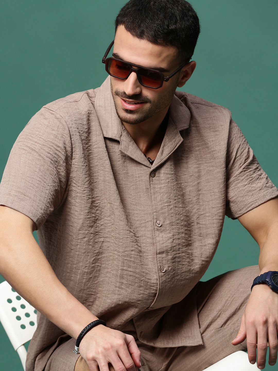 Men Brown Cuban Collar Solid Co Ords Set