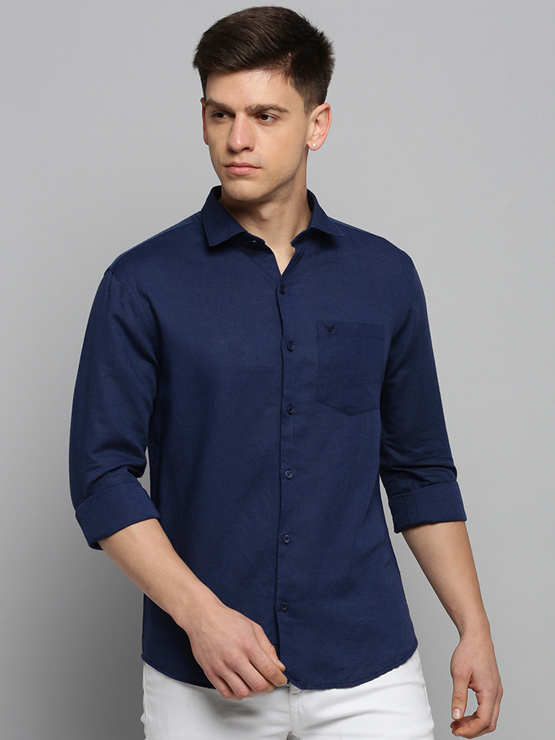 Men Spread Collar Solid Navy Blue Shirt