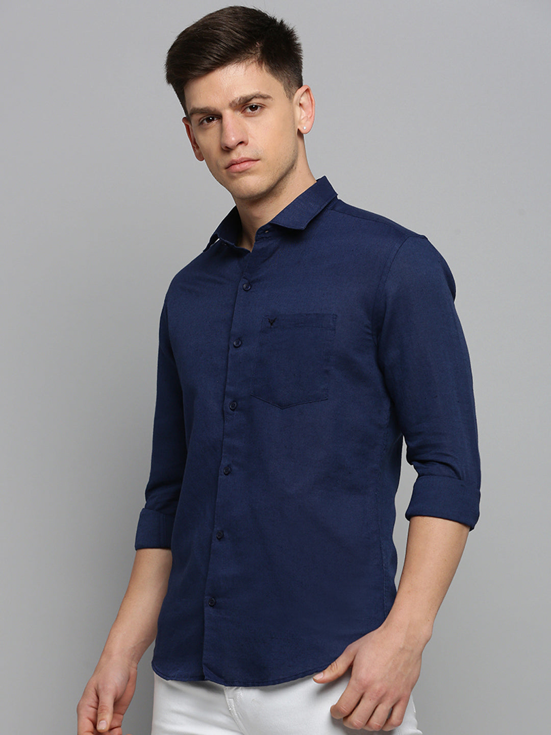 Men Spread Collar Solid Navy Blue Shirt