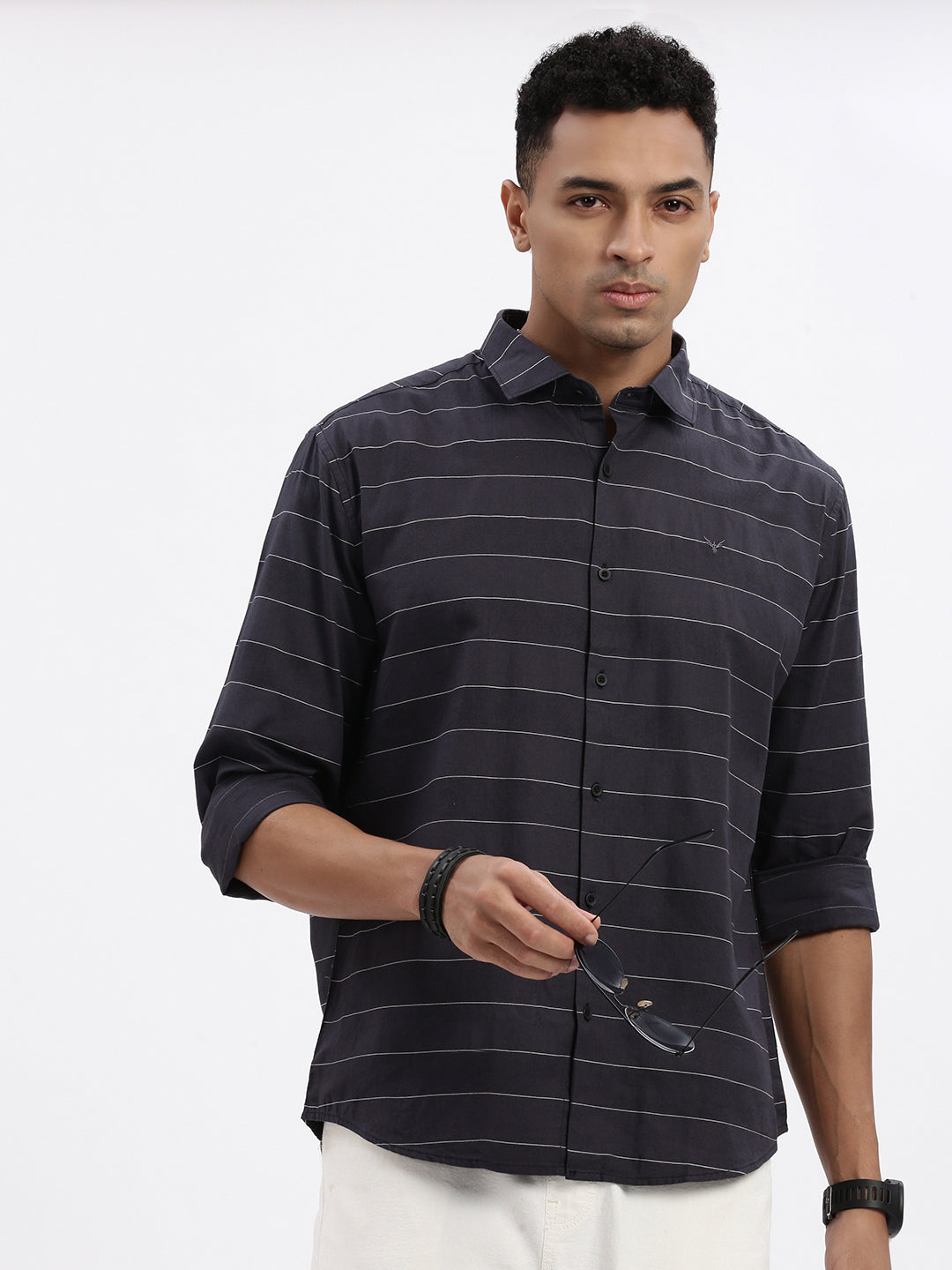 Men Grey Striped Slim Fit Shirt