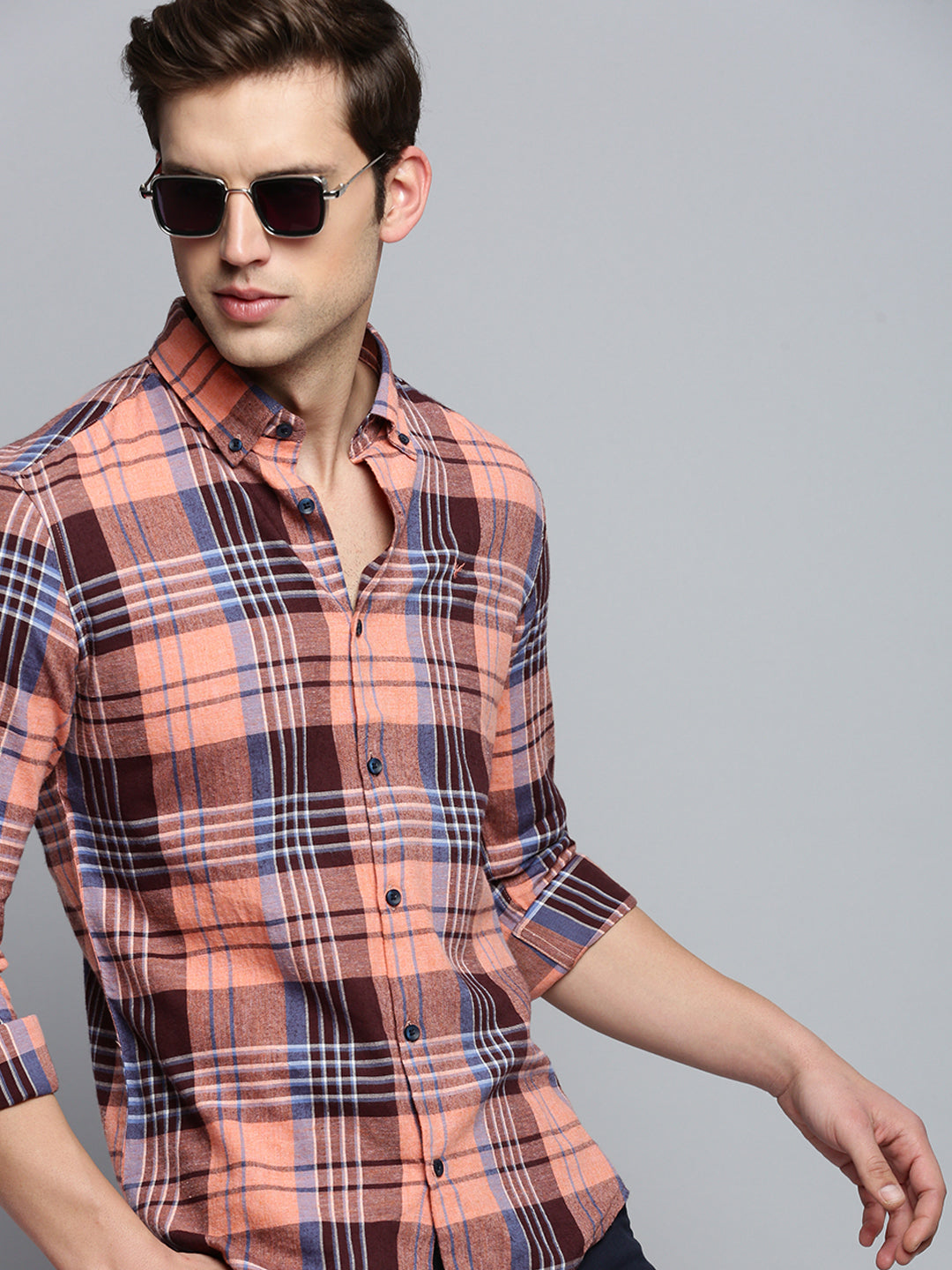 Men Spread Collar Checked Coral Shirt