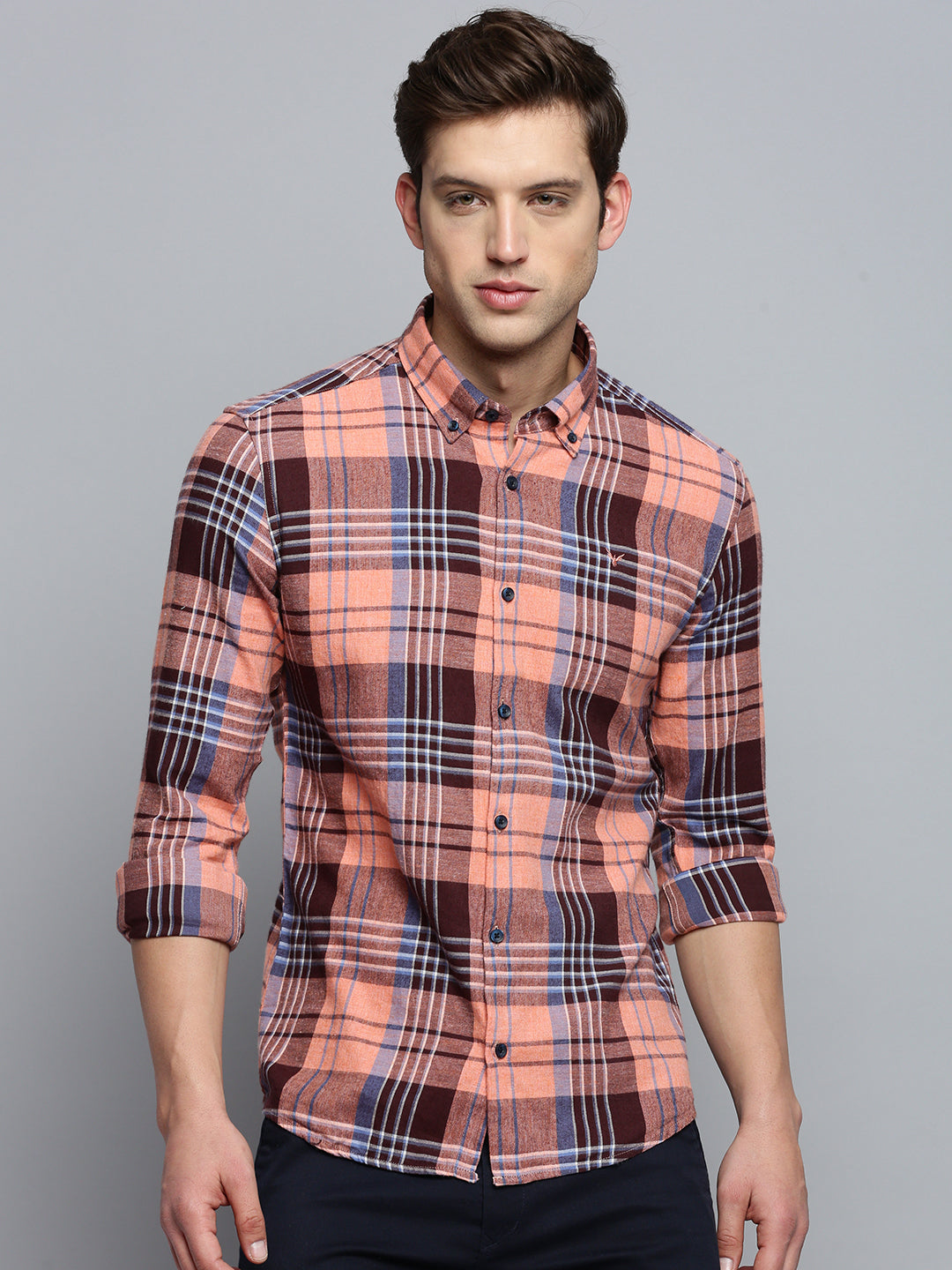 Men Spread Collar Checked Coral Shirt