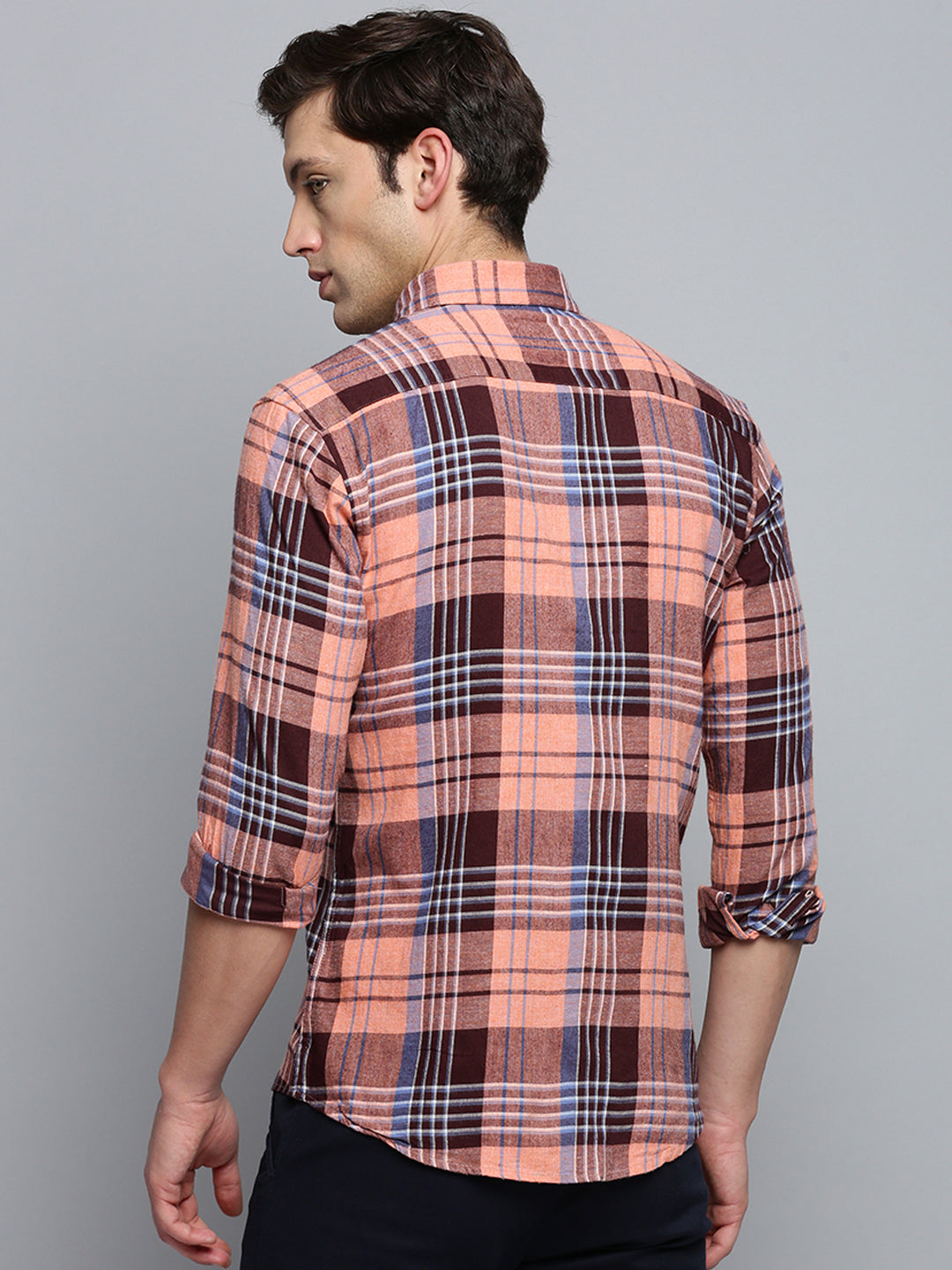 Men Spread Collar Checked Coral Shirt