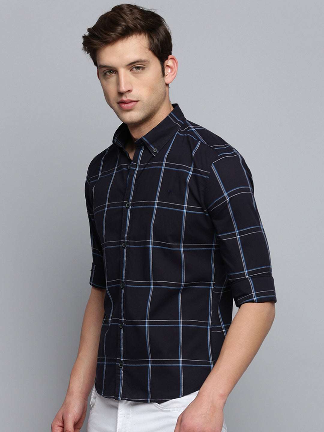 Men Spread Collar Checked Navy Blue Shirt