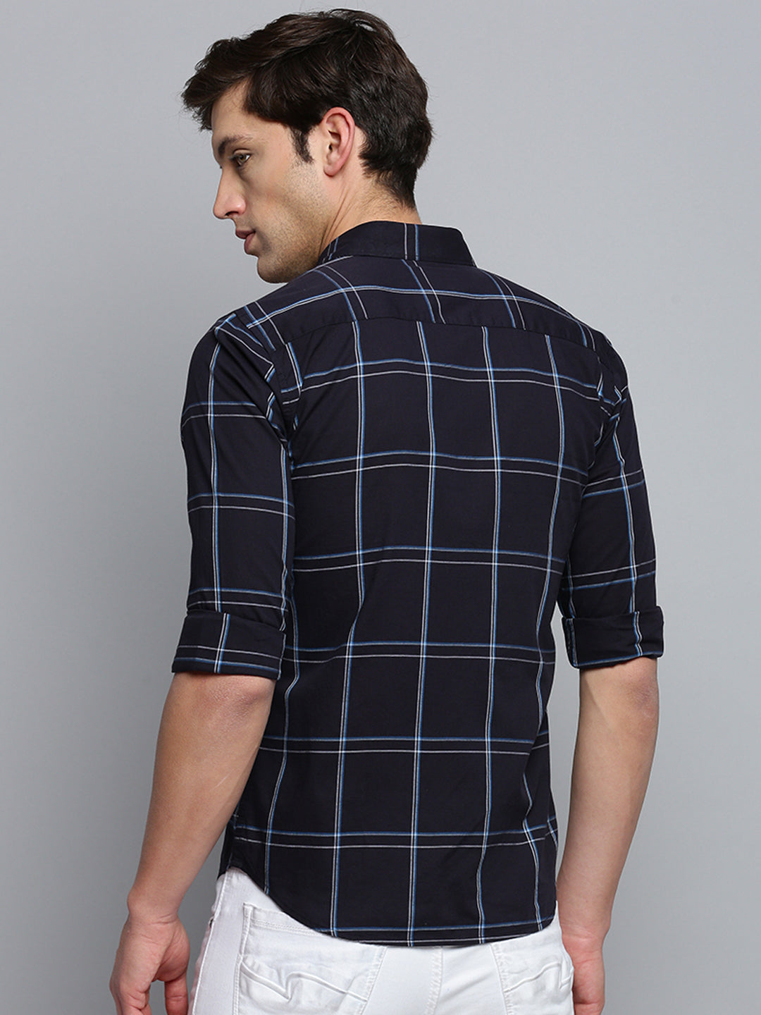 Men Spread Collar Checked Navy Blue Shirt