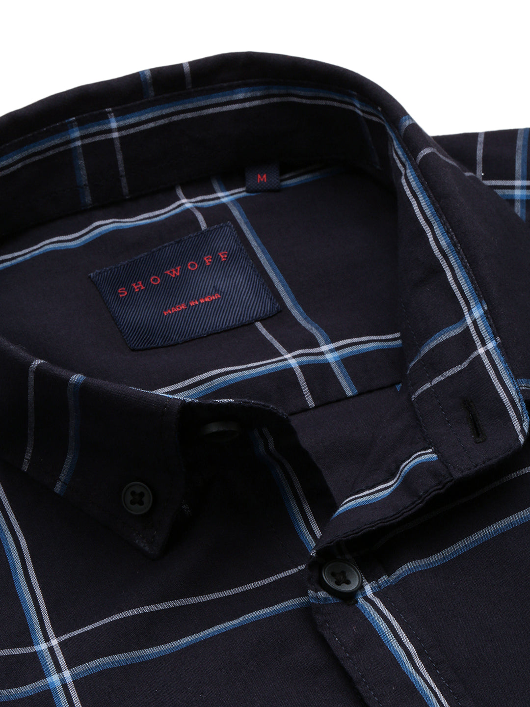 Men Spread Collar Checked Navy Blue Shirt