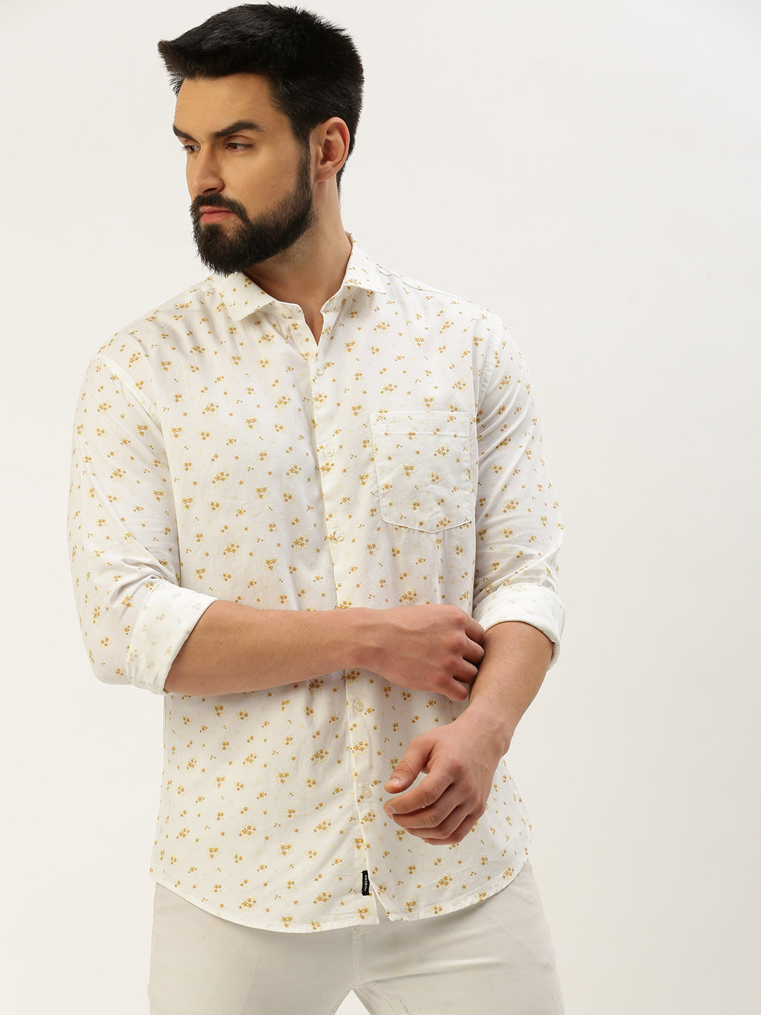 Men Spread Collar Printed White Shirt