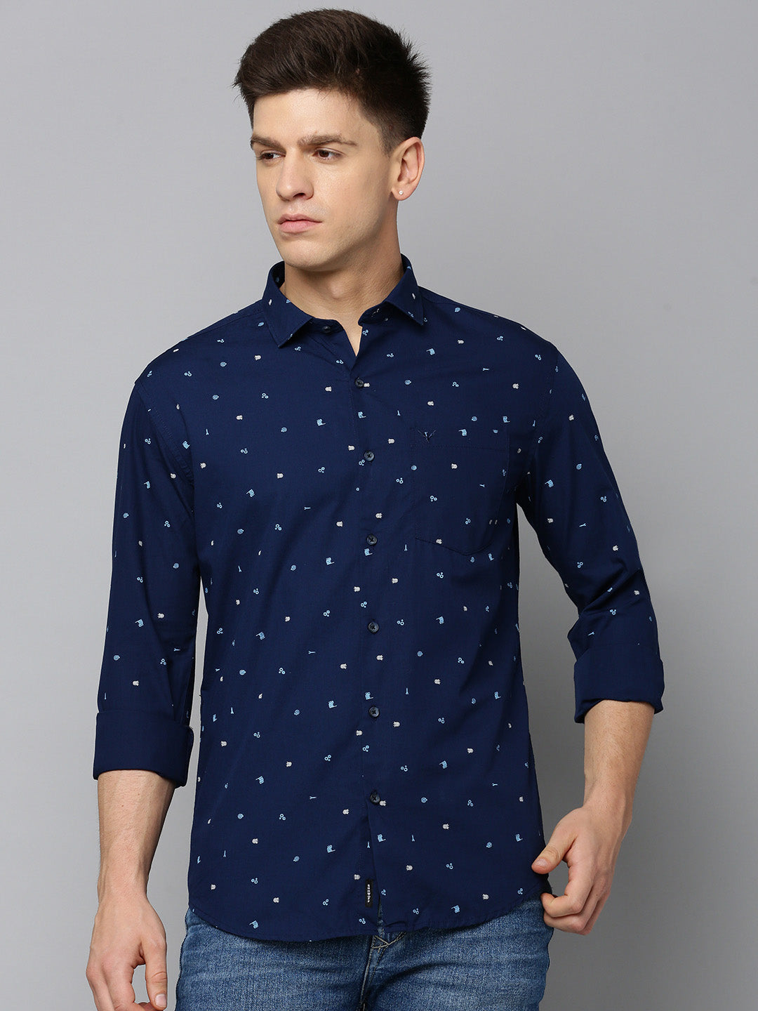 Men Spread Collar Printed Navy Blue Shirt