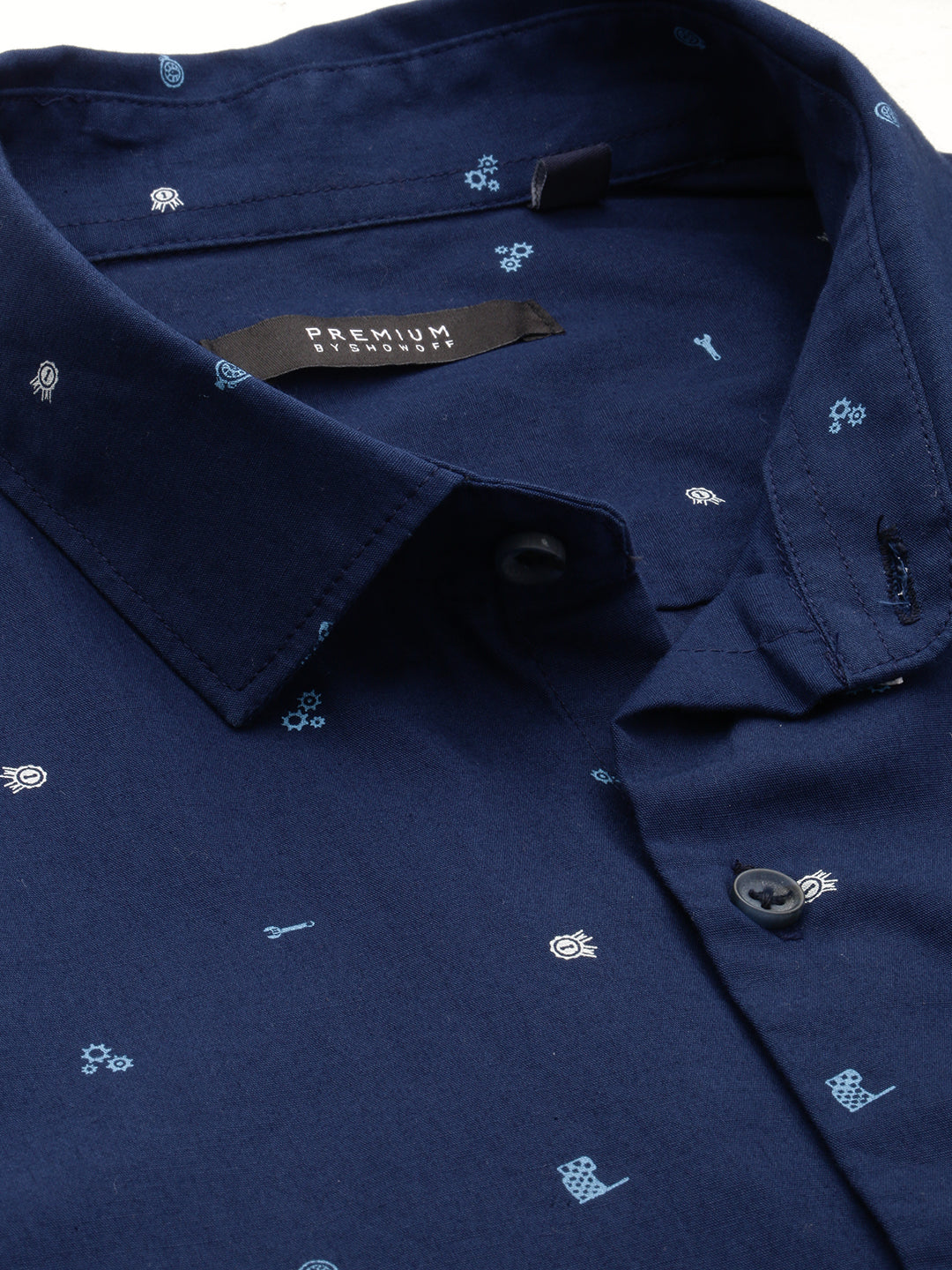 Men Spread Collar Printed Navy Blue Shirt