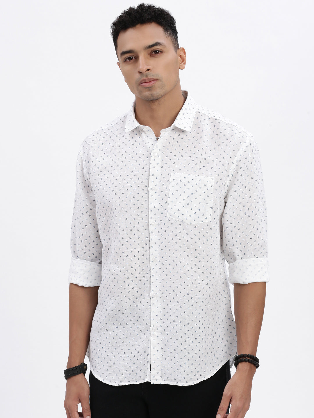 Men White Micro Print Slim Fit Shirt