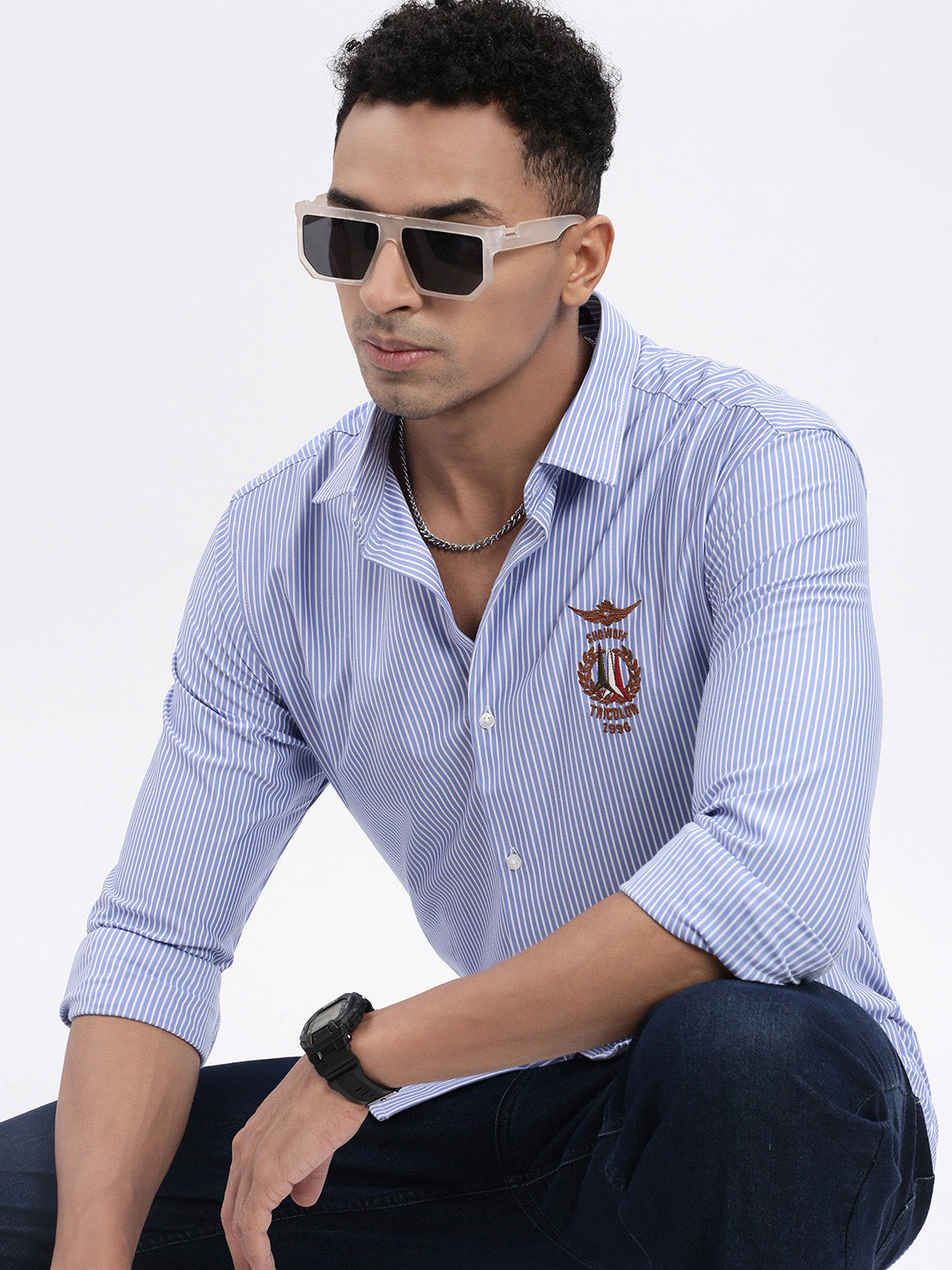 Men Blue Striped Slim Fit Shirt