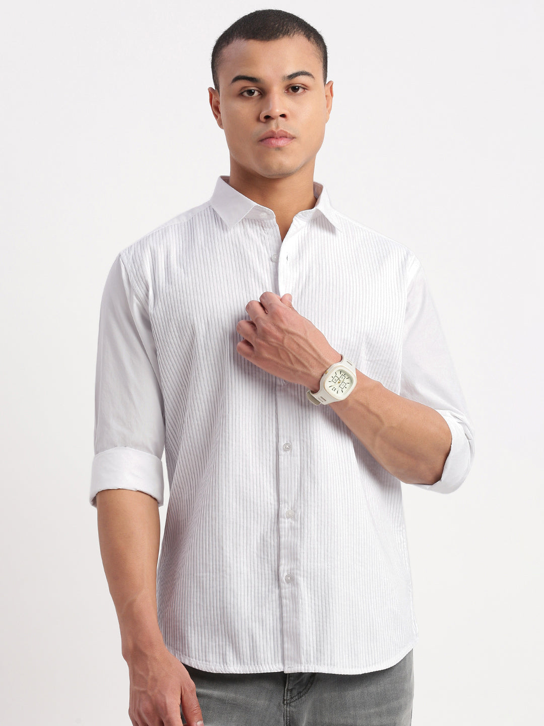 Men Vertical Stripes White Shirt
