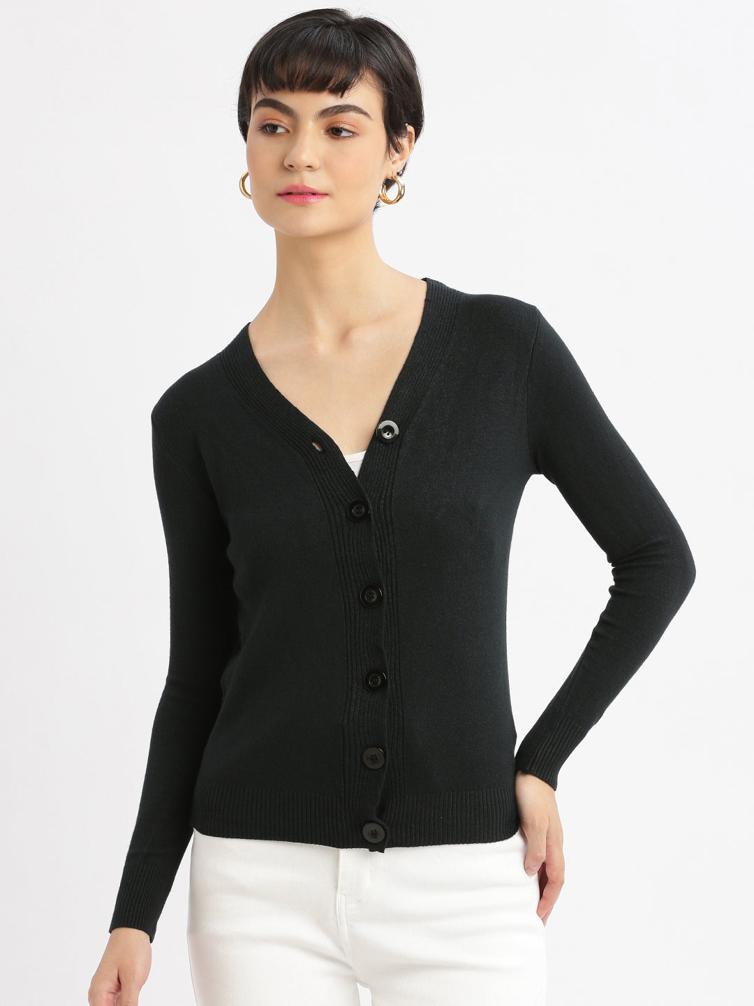 Women Solid Black Cardigan